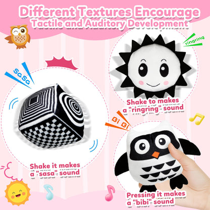 Baby Hanging Stroller and Car Seat Toys High Contrast Baby Toys for Newborn Black and White Sensory Plush Activity Toy for Babies 0-6 Months-OWL