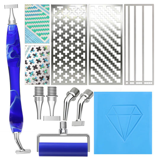 Diamond Art Pen, with 1,4,Elbow 1, 4 Angled Multiplacer Nibs, Stainless Steel Square Diamond Painting Ruler, Drilling Pen Kit with Screw Roller Tool with Putty for Diamond Art Kits for Adults (Blue)