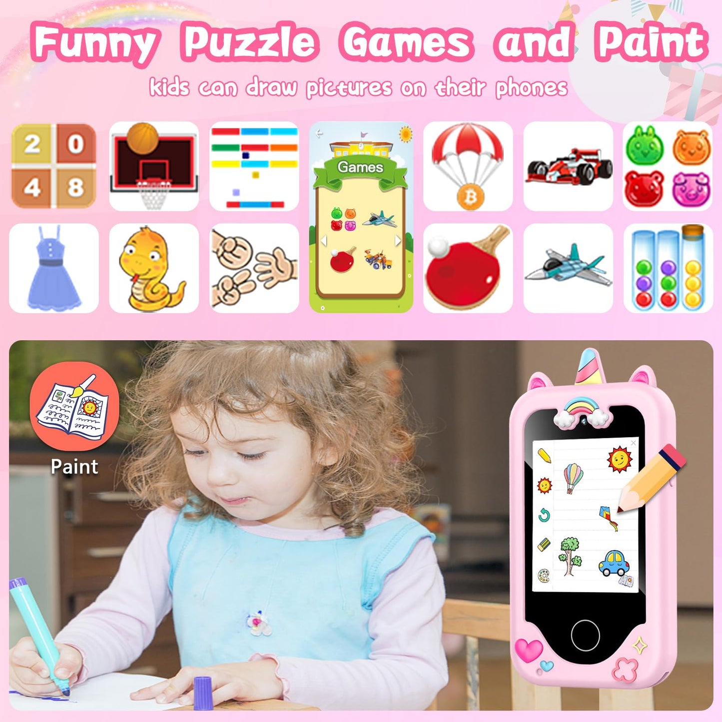 Kids Smart Phone with Dual Camera, Game & Music Player, Toddler Learning Play Toy Cell Phone, Gifts for Girls, Christmas, Birthday, Age 3-10, Light Pink