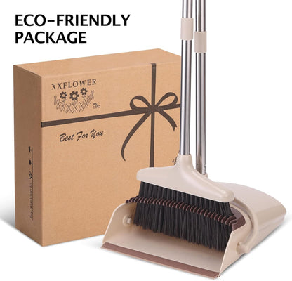 XXFLOWER Broom and Dustpan Set with Long Handle, Light Weight Stainless Steel Poles Stand Upright Dustpans with Broom Combo for Home Kitchen Office Pet Dog Hair, Brown & Beige Color, 1-Pack