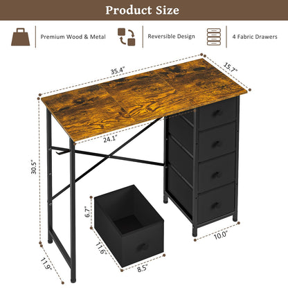 Small Computer Desk with 4 Fabric Drawers, 36 Inch Reversible Writing Desk for Home Office Bedroom, Modern Simple Kids Student Study Desk with Storage, Compact Desk for Small Spaces, Rustic Brown