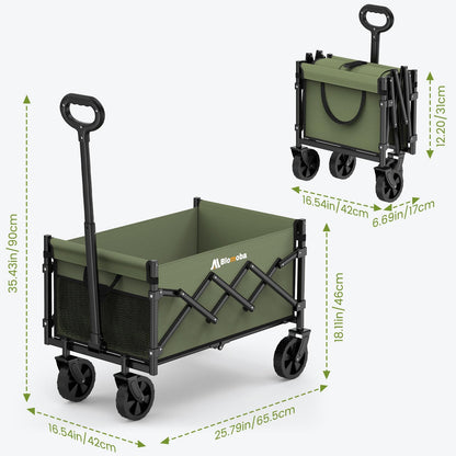 Collapsible Wagon with Wheels, 220 lbs Wagons Carts Foldable Wagon Cart with Flexible Handle, Lightweight Portable Folding Utility Grocery Shopping Cart for Grocery Sports Garden Camping, Green