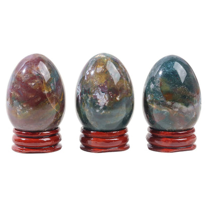 Casaper 2" Natural Ocean Jasper Egg with Wood Stand for Home Decoration, Polished Crystal Pocket Palm Sphere Fengshui Figurines Healing Reiki