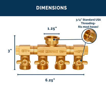 Morvat 4 Way Splitter with Rotating Arms, Heavy Duty Brass Garden Hose Manifold Connector with Comfort Rubber Grip ON/OFF, Adapter for Water Faucet Tap & Spigot, 8 Extra Washers & Teflon Tape