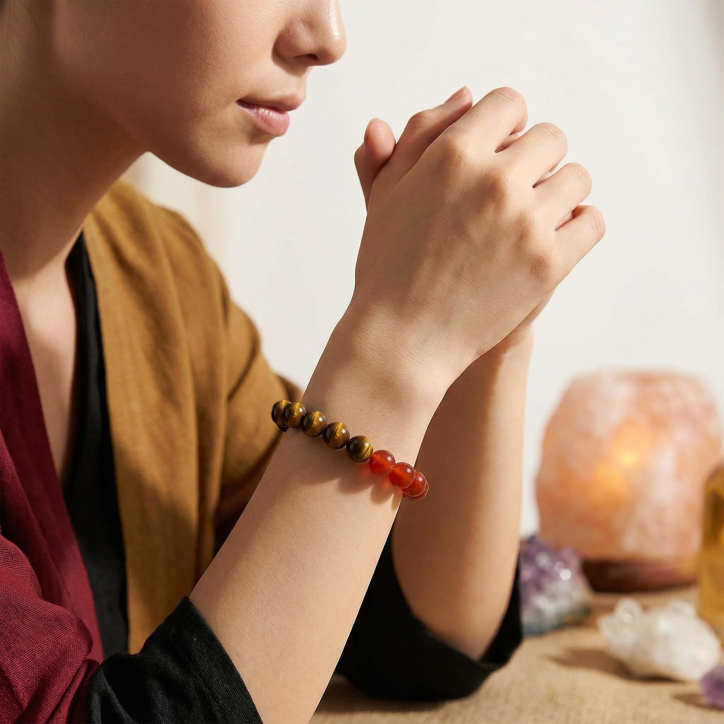 Bivei Self Confidence Bracelet, Strength Crystal Healing Bracelet 8MM with Red Agate & Black Tourmaline & Tiger Eye - Spiritual Stretch Beaded Jewelry for Women Men Gift