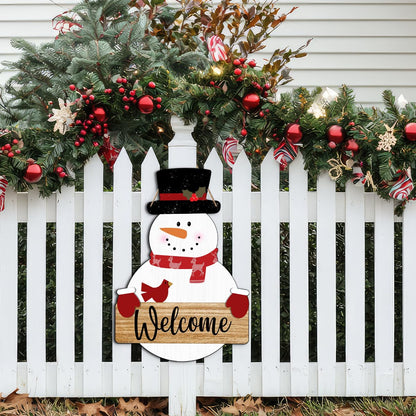 Snowman Merry Christmas Welcome Sign - Snowman Christmas Door Hanger - Hello Winter Snowflake Round Wooden Decor for Tree, Front Door, Porch, Wall, Party Hanging Decorations, 10X10 Inches -B09