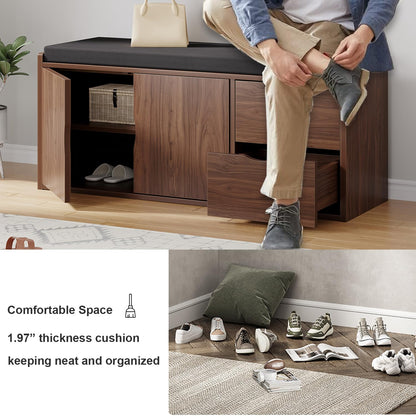 LVB 40” Entryway Storage Bench with Padded Seat Cushion, Wood Hidden Shoe Organizer Bench with 2 Drawers Cabinet, Industrial Shoe Bench for Foyer Entrance Living Bedroom, Walnut Oak, 40 inch