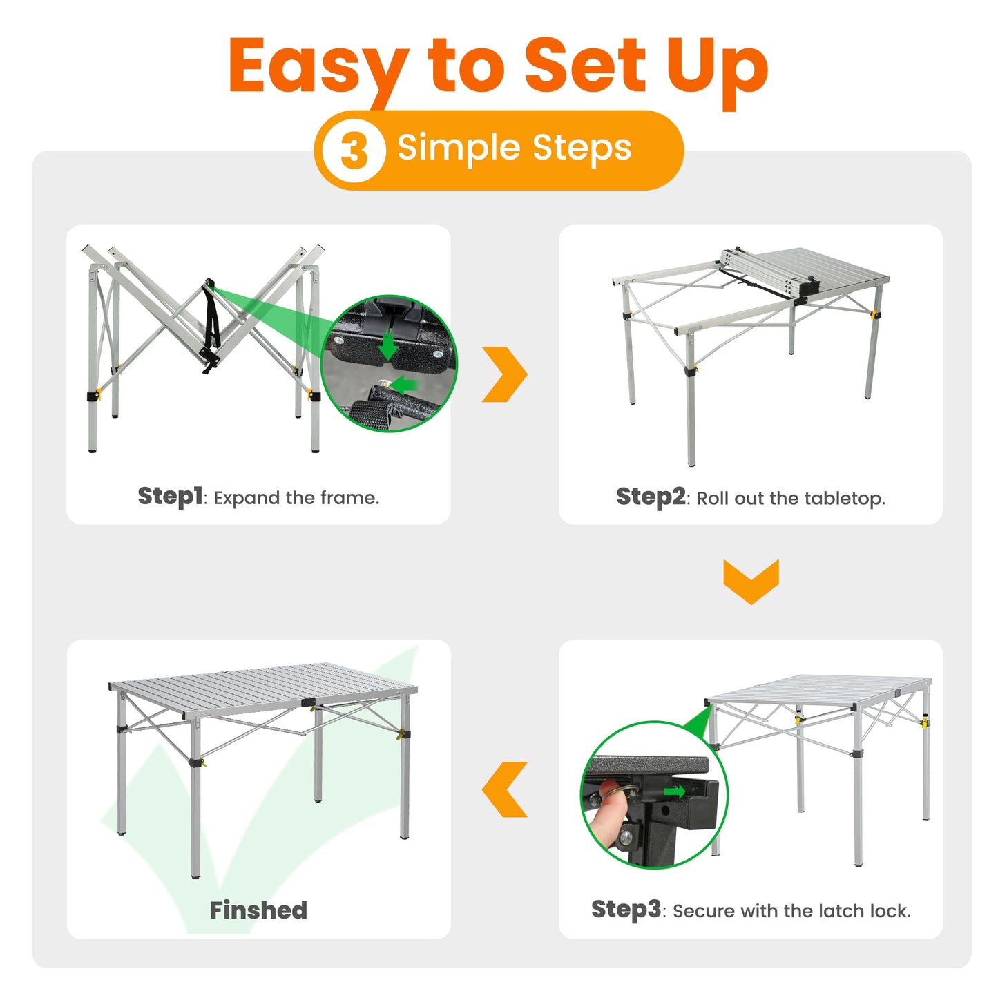 Large 46.4" Camping Table for 2-6 People - 220lbs Capacity Heavy Duty Foldable Outdoor Table with Aluminum Roll-Up Top & Carry Bag, Portable Picnic Desk for BBQ, Tailgating, Backyard (Silver)