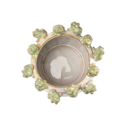 Creative Co-Op Stoneware Planter with Frogs on Rim and Reactive Glaze, Green and White