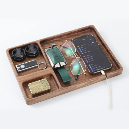 SEEDWAVE Walnut Wooden Valet Tray – Bedside Table Organizer for Men Dad, Edc Catch All Tray with Cable Slot (11.4 x 7.9 x 0.8 Inch)