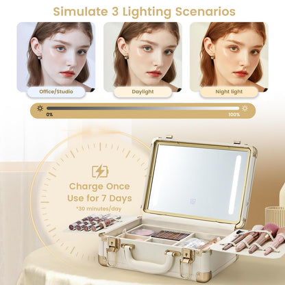 Faquenc Lighted Makeup Case with Detachable Tray, Beige Vegan Leather Makeup Box Rechargable 3-Color LED Mirror, Travel Train Case Makeup Bag Organizer with Champagne Alloy