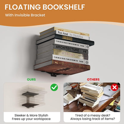 Fun Memories Invisible Floating Bookshelves for Wall, 4 Tier Vertical Spine Book Tower, Heavy Duty Floating Book Shelves Metal Book Organizers for Home Office, 2 Pack, Black