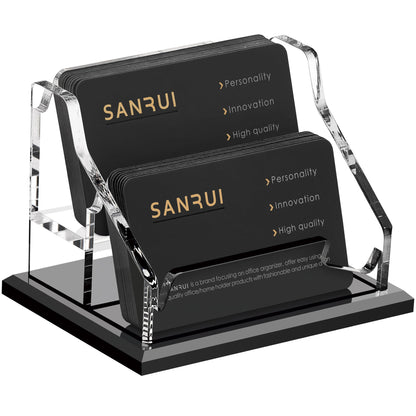 SANRUI Acrylic Business Card Holder, Black Business Cards Display Stand for Desk, Clear Horizontal 2 Slot Desktop Organizer , 120 Card Capacity
