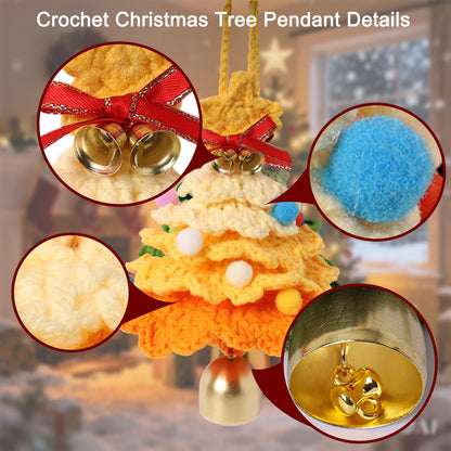 JSSTEM Handmade Crochet Christmas Tree, Hand-Knitted Ornaments Car Pendant with Bells, Stars, Bows & Pom Poms, Cotton Xmas Decor for Holiday Tree, Festive Gift, Home, Car and Party Decor, Yellow