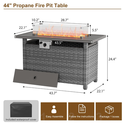 44" Fire Pit Table with Wind Guard for Outdoor, Auto-Ignition Propane Gas Firepits Rattan Rectangular Table for Outside Patio 60,000 BTU, Gray