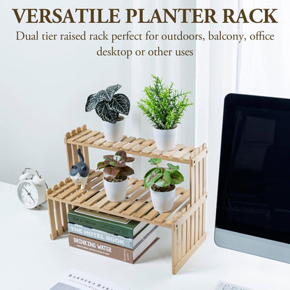 MyGift Natural Bamboo Indoor Plant Stand for Desk, 2 Tier Desktop Shelf Organizer Rack with 2 Slatted Shelves