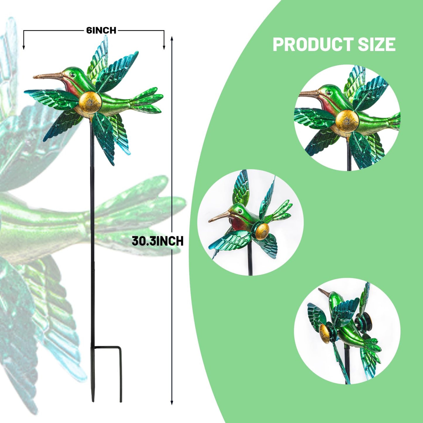 WONDER GARDEN Wind Spinners Outdoor - 2 Pack Small Metal Hummingbird Green Wind Spinner Windmill, Wind Sculpture for Yard Patio Lawn Decor