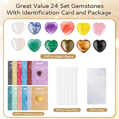 UU UNIHOM 24 Pcs Crystals Heart Healing Stones for Valentines Day Party Gift Crystal Heart Shaped Rocks Gemstones with Greeting Cards for Meditation Balancing Chakra Reiki Spiritual Christmas Gifts
