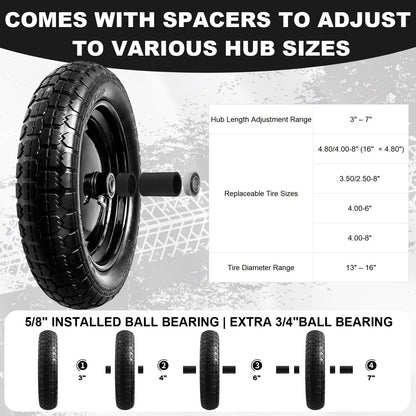 DGSL 1-Pack 4.80/4.00-8 Tire - 14.5" Flat-Free Tire Wheelbarrow Tire with 3" Centered Hub, 5/8" 3/4" Bearings, Heavy Duty Replacement Tires for Gardening & Yard Work