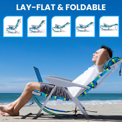 Canpsky Portable Beach Chair for Adults, Outdoor Camping Chair Lay Flat Folding Backpack Beach Reclining Chair with 5 Positions, Headrest, Cup Holder, Heavy Ocean Striped