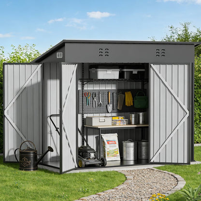 COMHOMA Shed Storage Outdoor Metal Windowed Lockable Weatherproof Ventilated Backyard Garden Utility Workshop(Grey,8'*4')