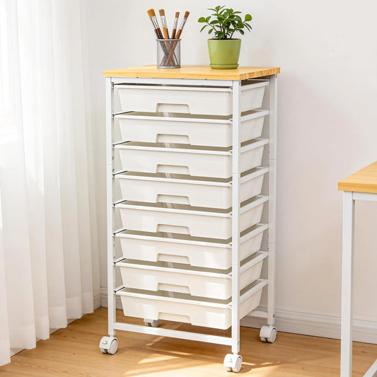 OUKMIC Rolling Storage Cart with 8 Drawers, Utility Cart with Wooden Tabletop and Lockable Wheels, Movable Craft Cart, Craft Storage Organizer for Living Room, Bedroom, Classroom, Office, White