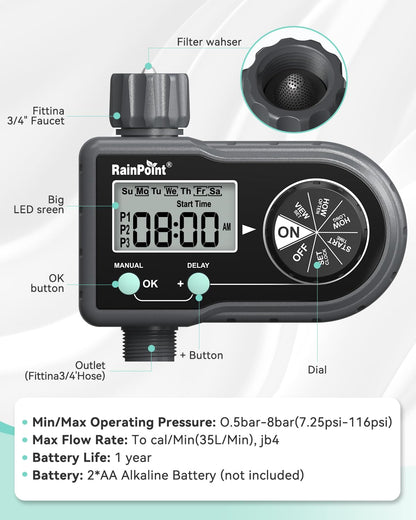 RAINPOINT Sprinkler Timer, Hose Timer with 3 Individual Programs, Water Timer for Garden Hose Faucet, Programmable Automatic/Manual Irrigation System, for Specific Days or Daily Outdoor Lawn Watering