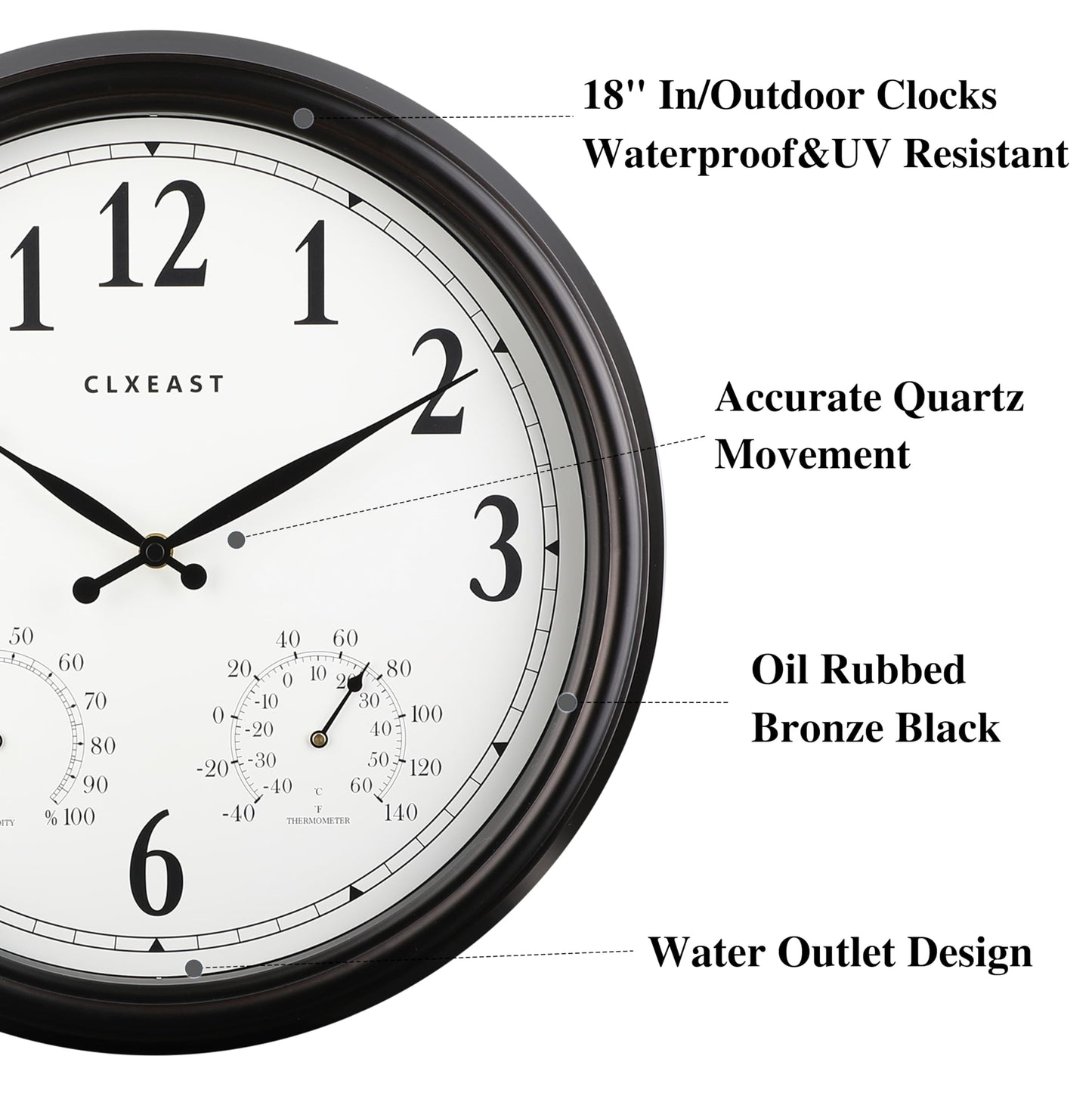 CLXEAST Outdoor Clocks for Patio Large Waterproof with Thermometer,18 inch Outdoor Wall Clock with Temperature and Humidity Combo,Weatherproof,Oil Rubbed Bronze,Spring Garden Decor