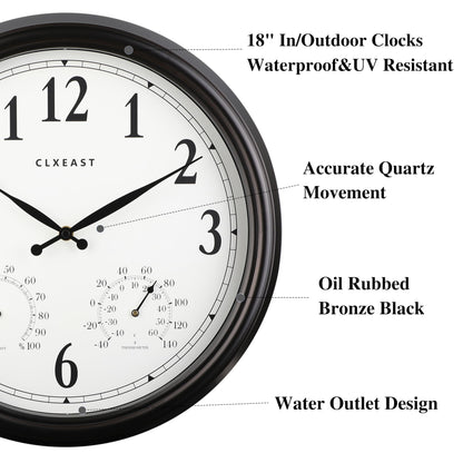 CLXEAST Outdoor Clocks for Patio Large Waterproof with Thermometer,18 inch Outdoor Wall Clock with Temperature and Humidity Combo,Weatherproof,Oil Rubbed Bronze,Spring Garden Decor