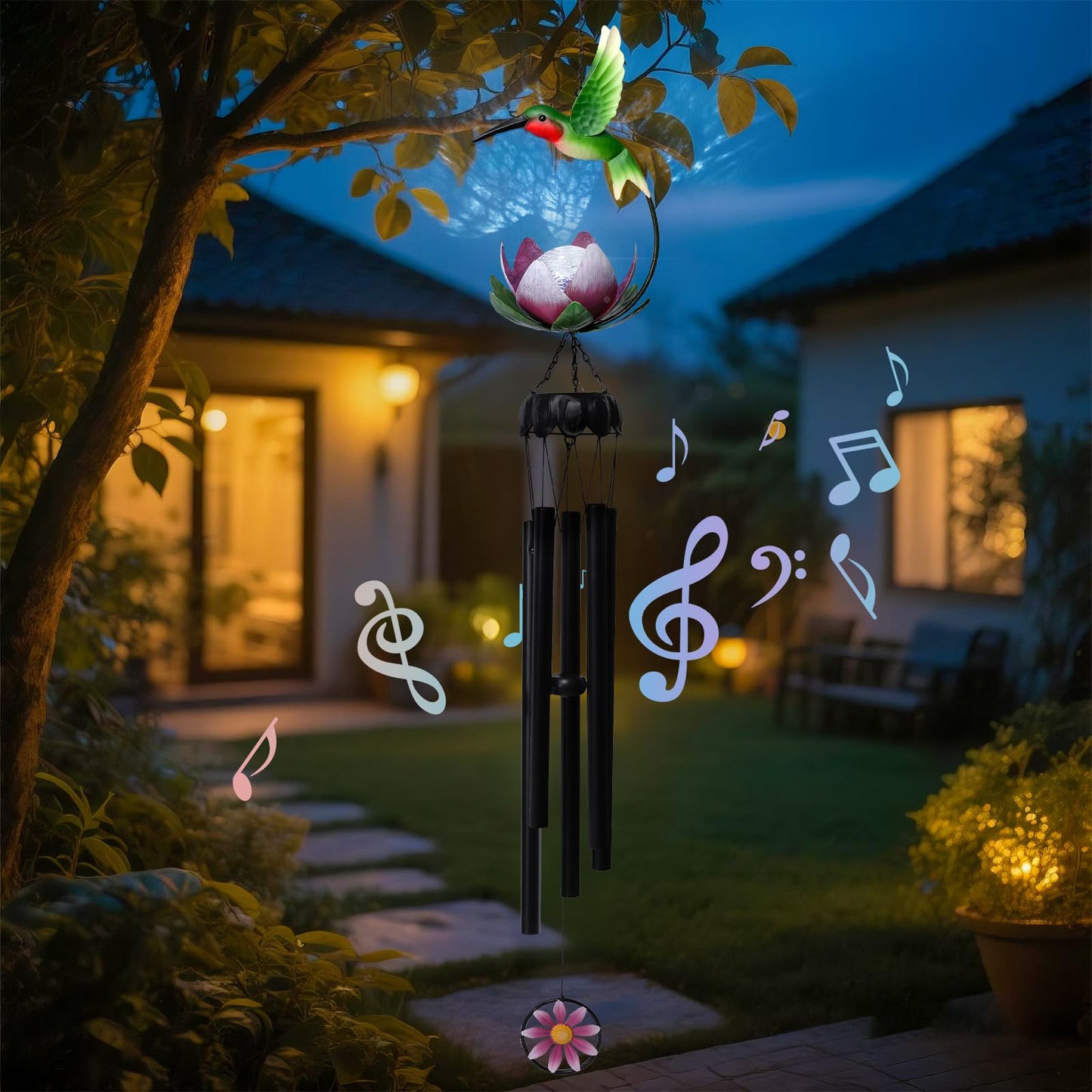 MUMTOP Solar Wind Chimes for Outside - Hummingbird with Lotus Crack Glass Ball Lights Wind Chimes Outdoor Unique, Windchimes Clearance for Garden, Patio,Yard Decor Gift