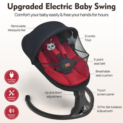 Baby Swings for Infants, Portable Baby Swing for Newborns with Bluetooth, Electric Infant Swing with 5 Speed Motions, 12 Soothing Melodies & Remote Control (Max 20 lbs, Red)