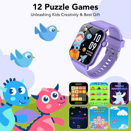 taopodo Kids Smart Watch with HD Touch Screen, IP68 Waterproof, Smart Watch for Kids with Puzzle Games, Step Counter, Heart Rate, Sleep Monitor, Flashlight, Music Player,Gift for Girls 8-12 (Purple)