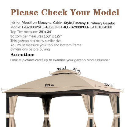 SCOCANOPY Replacement Top for 10x12 FT Gazebo Massillon Biscayne,Cabin-Style L-GZ933PST,Turnberry L-GZ933PCO-L,Tuscany L-GZ933PST-K (Light Beige Ripstop)