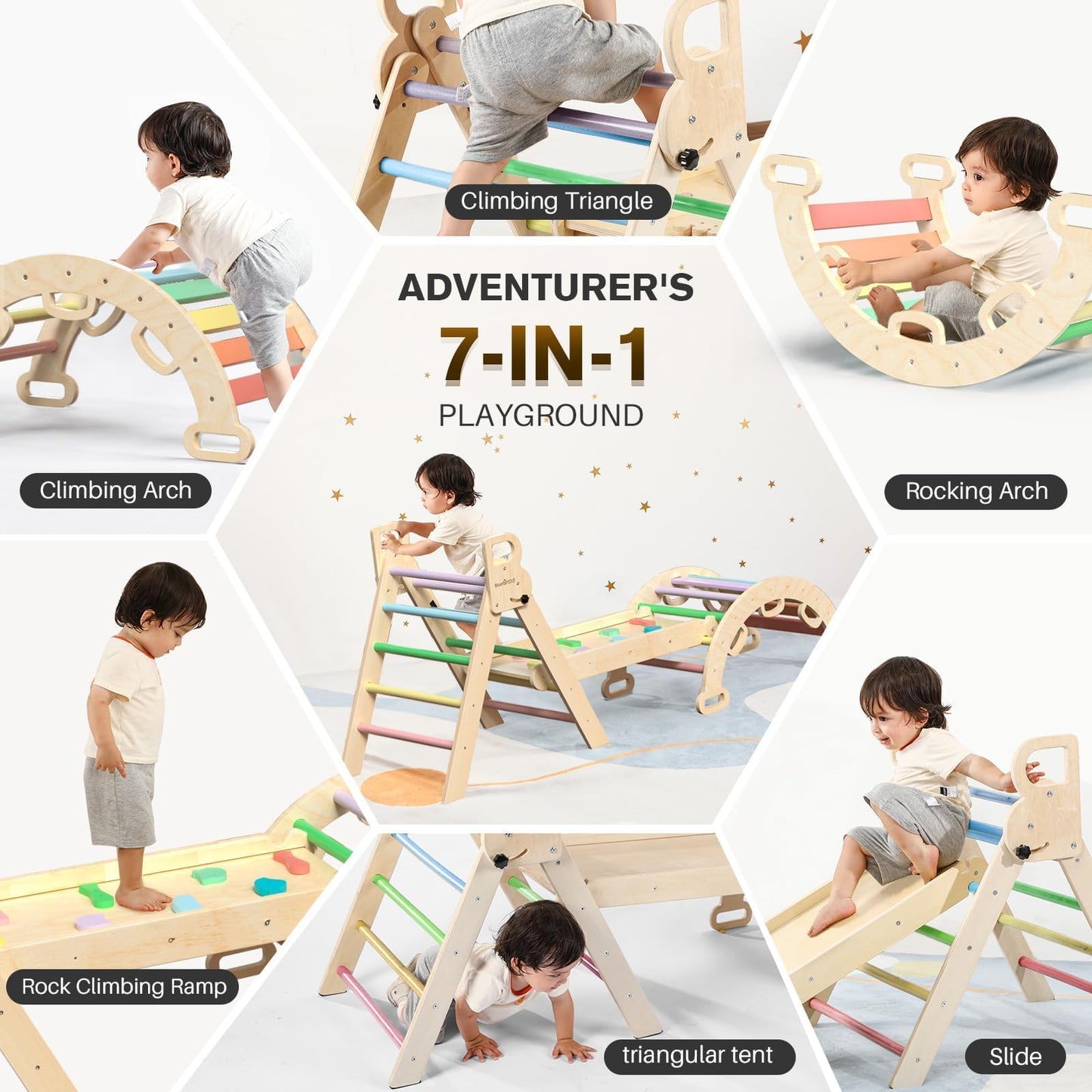 BlueWood Pikler Triangle Set 7in1 Foldable Baby Climbing Toys Wooden Montessori Climbing Set with Arch&Ramp&Ladder Baby Climber Indoor Jungle Gyms for Toddlers Montessori Toys- Rainbow