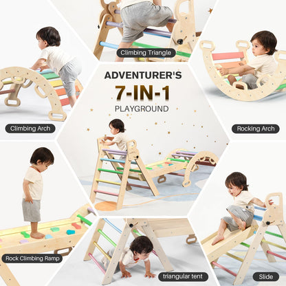 BlueWood Pikler Triangle Set 7in1 Foldable Baby Climbing Toys Wooden Montessori Climbing Set with Arch&Ramp&Ladder Baby Climber Indoor Jungle Gyms for Toddlers Montessori Toys- Rainbow
