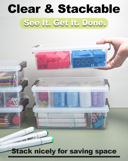 GEOPHIA 6 Pack Extra Large Pencil Box with Removable Divider, Thickened Pencil Case Bulk, Clear Crayon Marker Organizer Stackable Plastic Small Storage Containers for Pen Craft School Supplies (Multi)