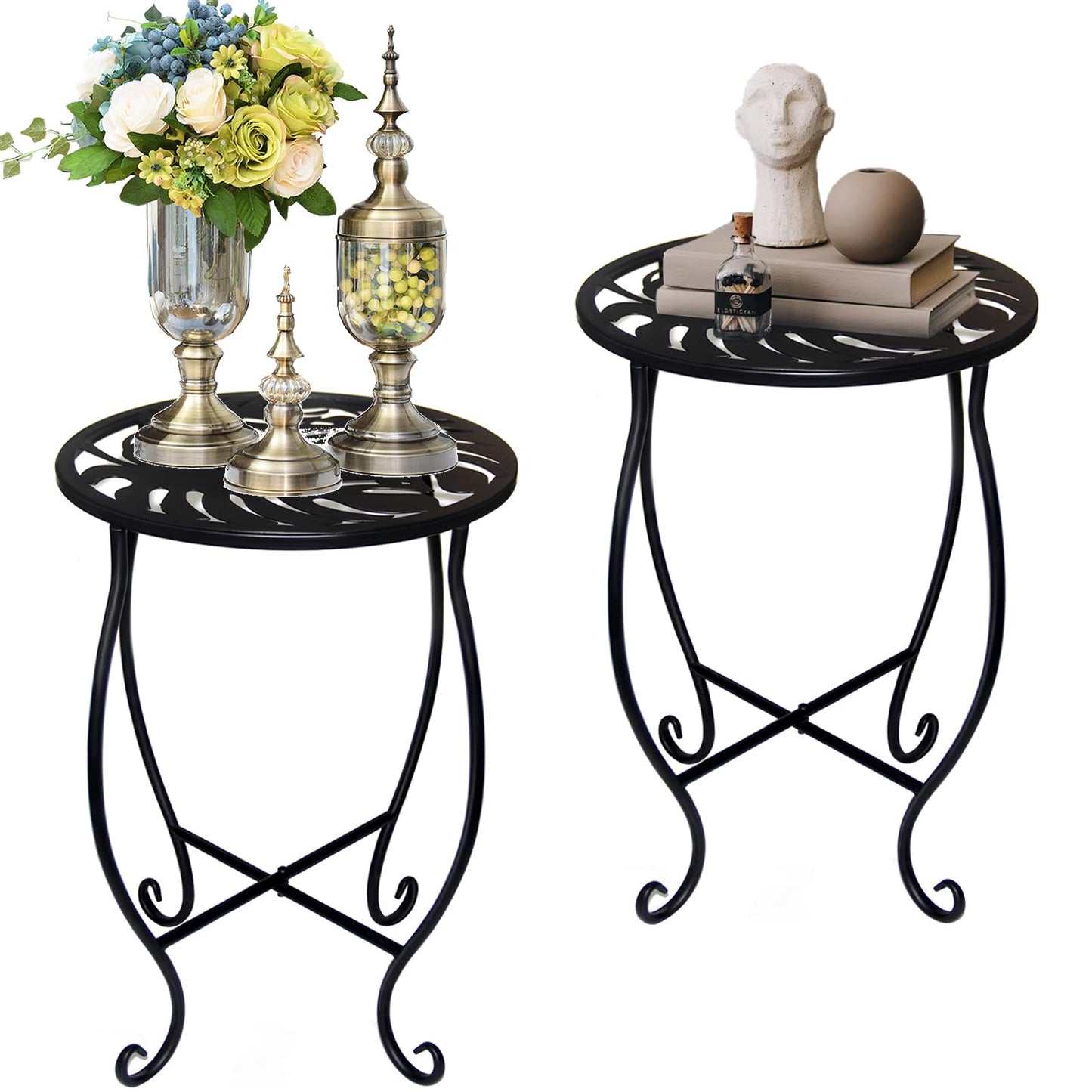 Small Side Tables for Small Space, 2 Pack Metal Outdoor Indoor Side Table, Weather Resistant Mini Metal Round Side Table Pool Chair Side Table for Patio Yard Porch Balcony Garden Bedside, Black