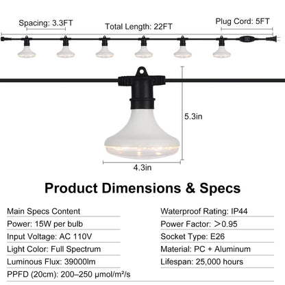 DingChen Outdoor Grow Lights Waterproof, Full Spectrum String Grow Light with 22FT Light String Cord for Seedling, Veg, Flower in Greenhouse, Garden, Backyard, Farm (6 Lights, with Smart Plug)