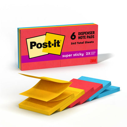 Post-it Super Sticky Dispenser Pop-up Notes, 6 Sticky Note Pads, 3 x 3 in., 2X the Sticking Power, School Supplies and Oﬃce Products, Use with Post-it Note Dispensers, Playful Primaries Collection