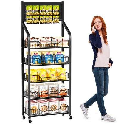 POIUNA 65" 5 Tier Snack Rack Display Stand with Hooks & Wheels, Metal Retail Display Shelf for Chips, Snacks, Candy, Metal Snack Shelf for Store Home Kitchen Store Organizer (60cm-black)
