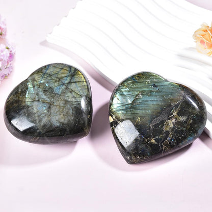 MOGEMT 80-90mm Labradorite Heart Crystal Large Palm Worry Stone Natural Reiki Healing Crystal Gemstone Gift 1 Pc