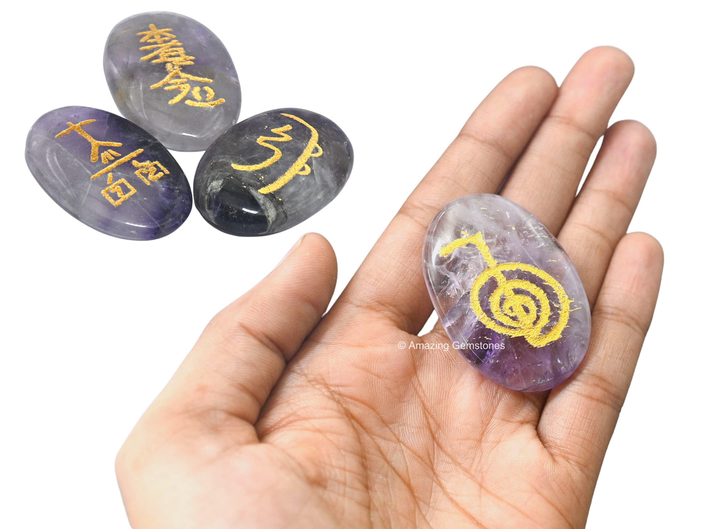 Amazing Gemstone Amethyst Crystal Reiki Stones with Engraved Symbols for Usui Reiki Healing, Set of 4 Pcs (Indian Handmade Reiki Gift Set)