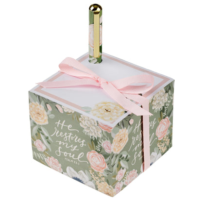 Christian Art Gifts Premium Inspiring Scripture Note Block Cube & Pen Set for Women: He Restores My Soul Encouraging Bible Verse, 750 Paper Sheets, Home & Office, White/Pink/Green Multicolor Florals