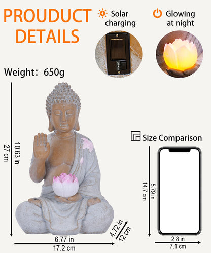 Nacome Solar Buddha Garden Statues with Lotus Flower: Resin Zen Decor Waterproof Sculpture Outdoor Light Design for Outside Patio Lawn Yard Balcony - 10.6 inches(White)