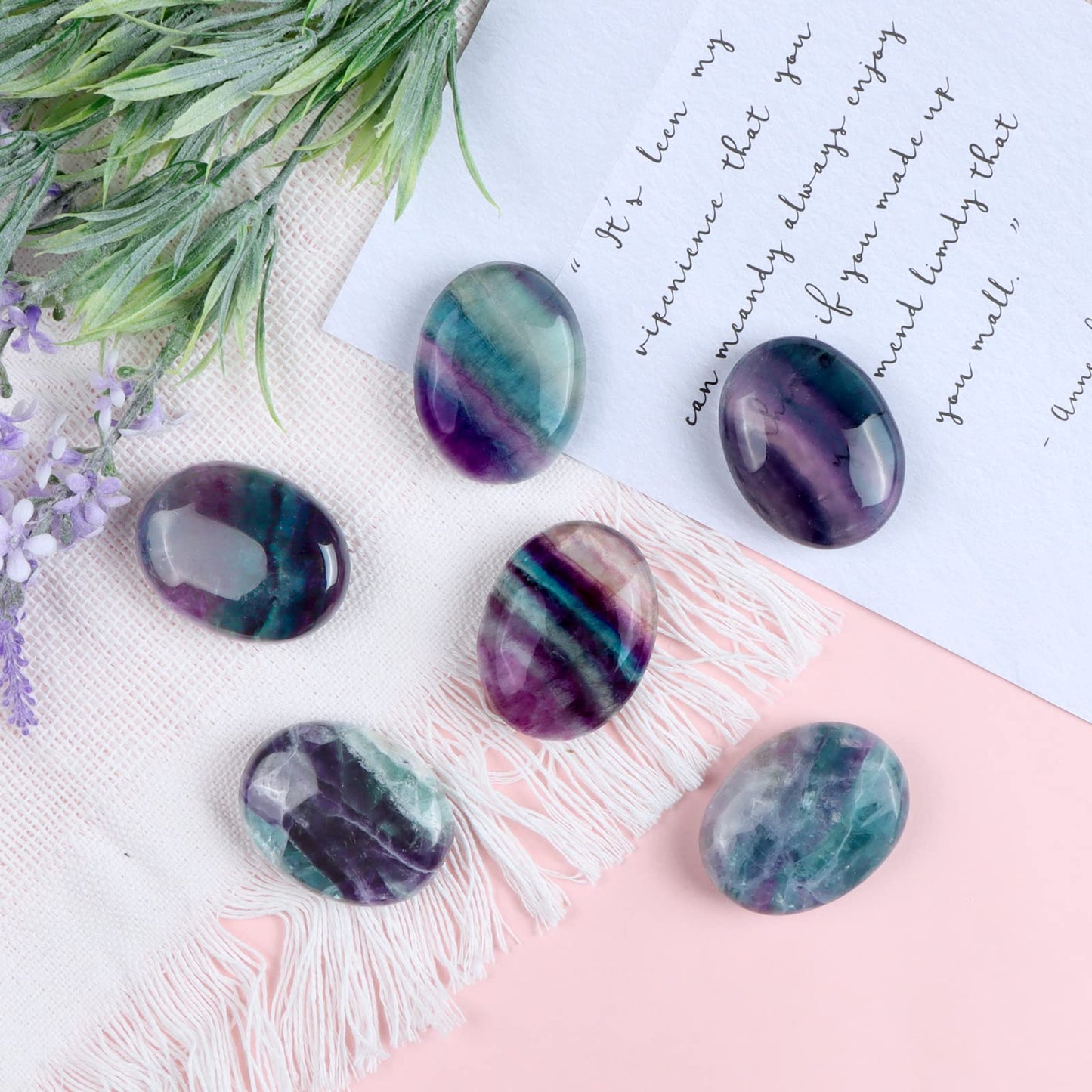 Hxswkk 2PCS Worry Stones for Anxiety Rainbow Fluorite Crystal Thumb Palm Stone Sets Handcarved Polished Oval Gemstone Chakra Decor Thoughtful Gifts