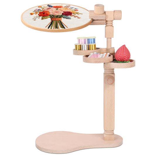Adjustable Rotating Embroidery Hoop Stand - Beech Wood Holder with Storage Trays, Hands-Free Lap Design for Cross Stitch & Craft Needlework