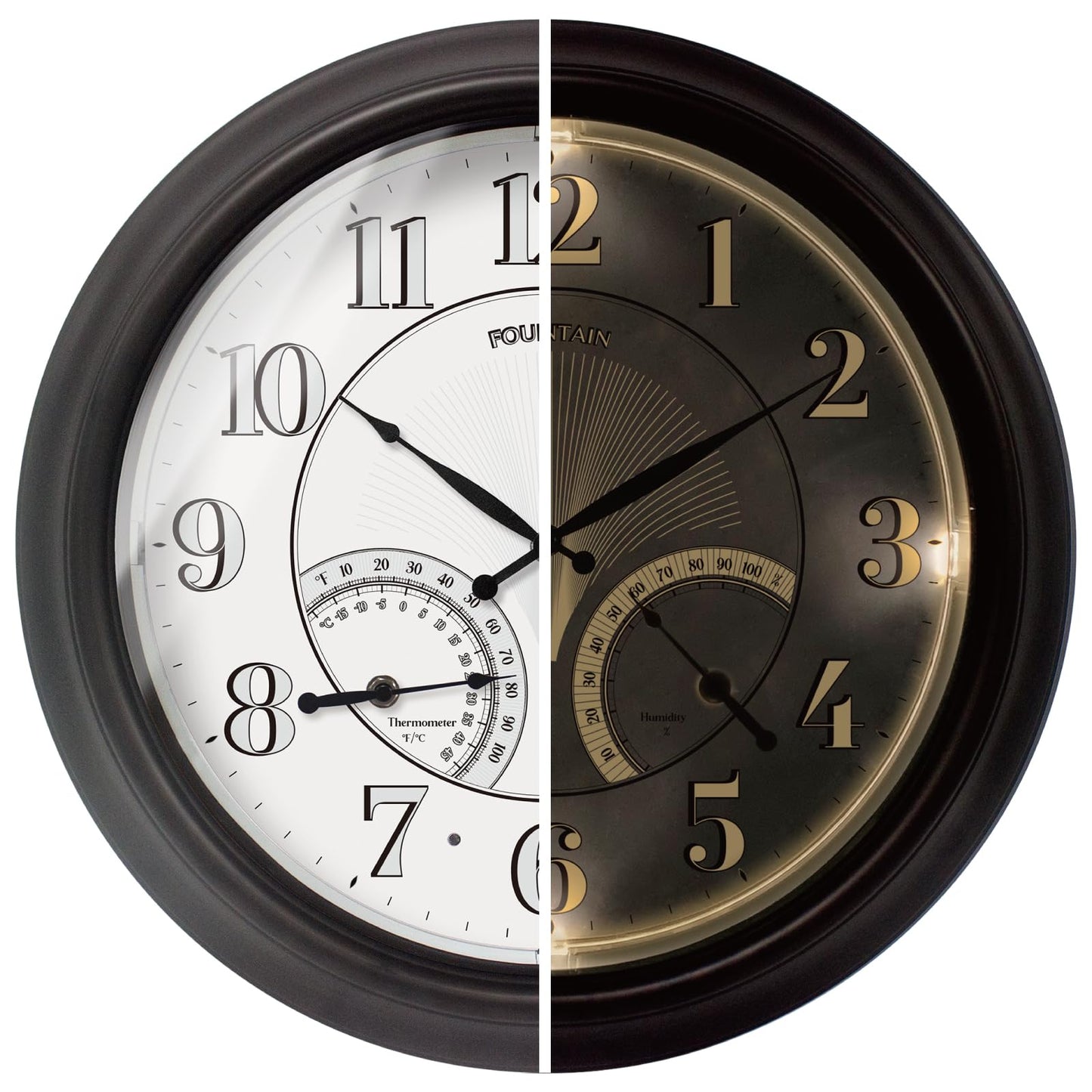 FOUNTAIN DESIGNS 18 Inch Illuminated in/Outdoor Clock with Smart Sensor and Night Light, Waterproof, Large Wall Clock with Thermometer & Hygrometer for Patio,Pool and Garden Decor,Oil Rubbed Bronze