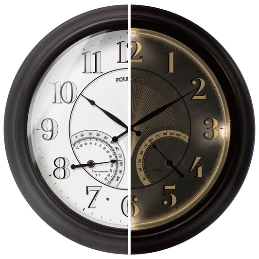 FOUNTAIN DESIGNS 18 Inch Illuminated in/Outdoor Clock with Smart Sensor and Night Light, Waterproof, Large Wall Clock with Thermometer & Hygrometer for Patio,Pool and Garden Decor,Oil Rubbed Bronze