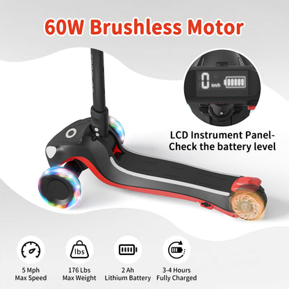 Commugo 3 Wheel Electric Scooter for Kids with LED Lighted Wheels, Balance Scooter for Kids Adjustable Height & Lean-to-Steer, 3-Wheel Foldable Scooter Anti-Slip Deck for Boys & Girls Toddlers