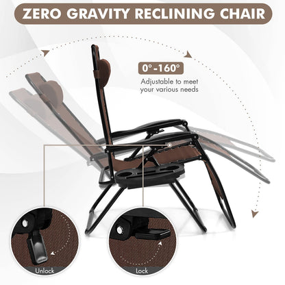Giantex Zero Gravity Reclining Chair, Outdoor Patio Recliner with Cup Holder & Removable Pillow, Adjustable Backrest, Indoor Lounge Chair for Backyard, Garden, Poolside (Brown)